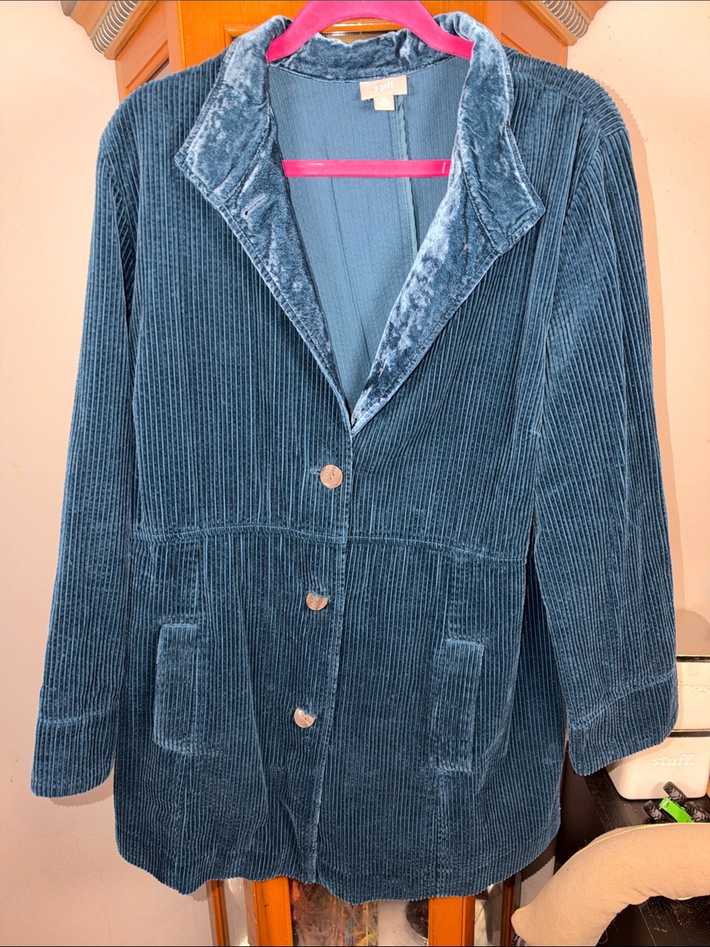 J. Jill Teal Corduroy Trench Coat with Velvet Collar
